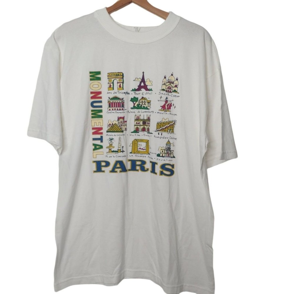 Monumental Paris France Men XL T Shirt White Tourist Eiffel Tower Notre Dame NEW